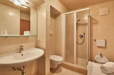 a bathroom with a sink and a toilet and a shower at Garni Reutlingen in Colfosco