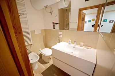 a bathroom with a sink and a toilet and a mirror at Le Nasse in San Martino di Castrozza