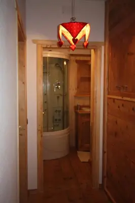 a bathroom with a shower and a glass door with a sink at Casa Fiore CIPAT 22038 in Canale San Bovo