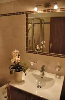 a bathroom sink with a vase of flowers on it at Niedermairhof in Falzes