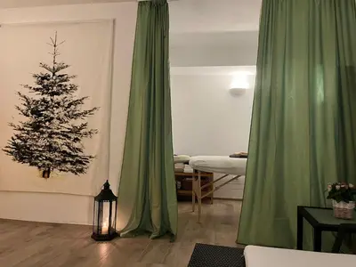 a christmas tree in a room with a green curtain at Respira il Bosco in Anterivo