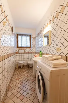 a bathroom with a washing machine and a toilet at CASA BRUNELLA in Cavalese