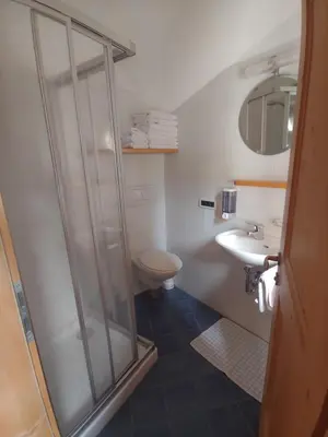 a bathroom with a shower and a toilet and a sink at Unterplattnerhof in Chiusa