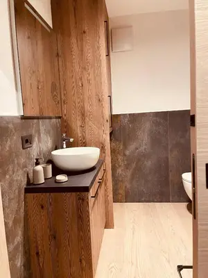 a bathroom with a sink and a toilet at Nuovo e comodo in Val di Fassa in Campitello