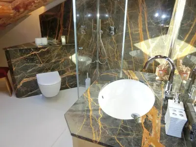 a bathroom with a sink and a shower and a toilet at CORTINA Lodge in Cortina dʼAmpezzo