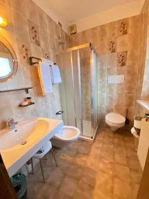 a bathroom with a sink and a shower and a toilet at Affittacamere Garden Cavalese in Cavalese