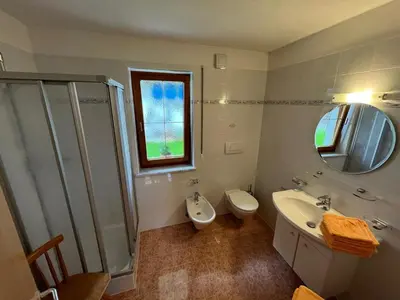 a bathroom with a sink toilet and a mirror at Lenzerhof in Lappago