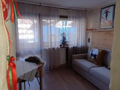 a living room with a couch and a window at Fradusta 213 in San Martino di Castrozza