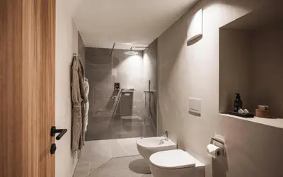 a bathroom with a shower and a toilet and a sink at Ansitz Heufler by Norbert Niederkofler in Rasun di Sopra