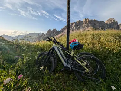 a bike parked on a grassy hill with mountains in the background at Hotel Eden Guesthouse in Marlengo