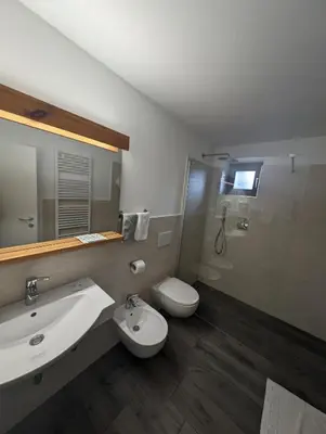 a bathroom with a sink and a toilet and a shower at Hotel Eden Guesthouse in Marlengo