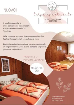 a poster for a hotel room with two beds and an advertisement at Tulpe Apartments in Vandoies di Sotto