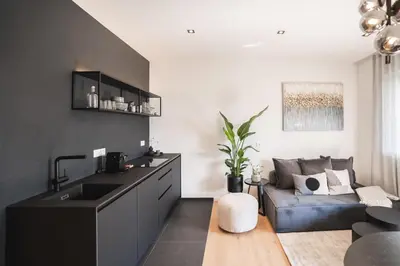 a kitchen and living room with a sink and a couch at LUXE VISTA City Apartments Algund in Lagundo