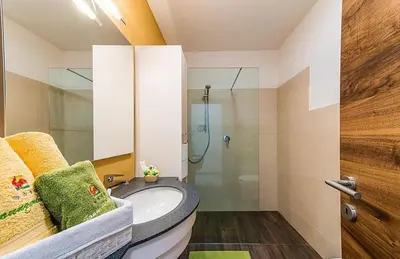 a bathroom with a sink and a shower at Sonngartenhof in Termeno