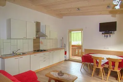 a kitchen with a table and a dining room at Planhof Apartments in San Martino in Badia