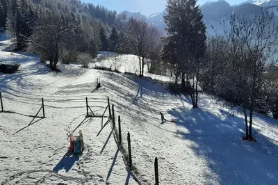 a group of people skiing down a snow covered slope at Maso de Propian in Tesero