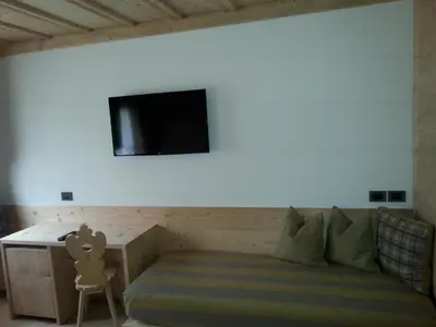 a living room with a couch and a tv on a wall at Jägerhaus Agriturismo in Cortina dʼAmpezzo