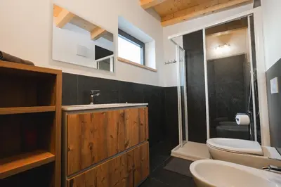 a bathroom with a toilet and a sink and a shower at MOUNTAIN DELUXE 27 APARTMENTS con WELLNESS in Cavalese