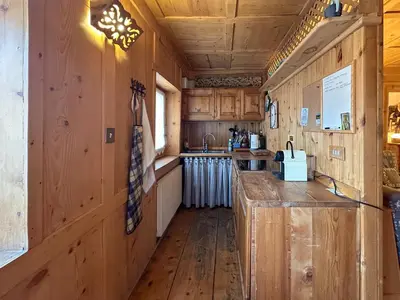 a kitchen with wooden walls and a wooden floor at Ciasa De Doni in Pozza di Fassa