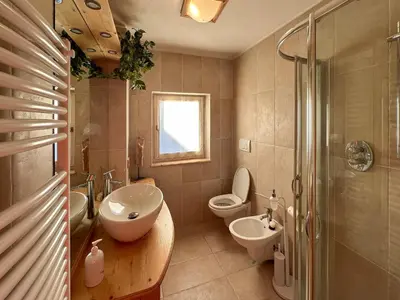 a bathroom with a sink and a toilet and a shower at Ciasa De Doni in Pozza di Fassa