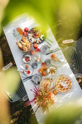 a picnic table with food and drinks on it at Nikolausberg - Hof im Garten in Caldaro