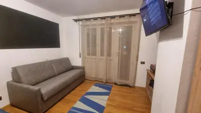 a living room with a couch and a flat screen tv at Studio Apartment Ariston in centro a Cortina in Cortina dʼAmpezzo