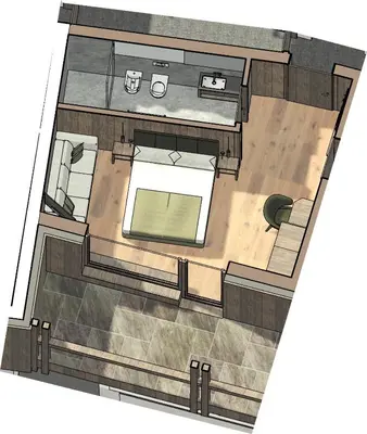 a drawing of a living room with a floor plan at Hotel Piz Seteur in Selva di Val Gardena