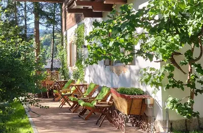 a group of chairs and tables on a patio at B&B Villa Dolomites Hut in San Vigilio Di Marebbe