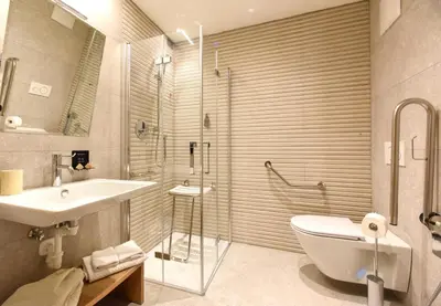 a bathroom with a sink and a toilet and a shower at Naturae Lodge Wellness & Spa in Alleghe