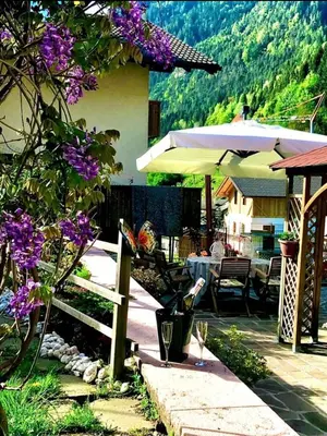 a patio with a table and chairs and purple flowers at Bella Vista in Canale San Bovo