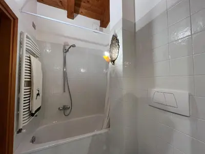 a bathroom with a shower and a bath tub with a light at Mansarda a Cortina in Cortina dʼAmpezzo