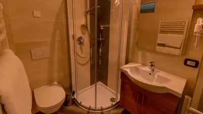a bathroom with a shower and a toilet and a sink at Villa Hilde in San Cassiano