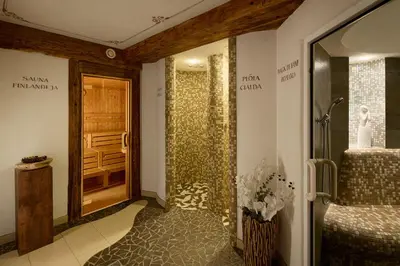 a bathroom with a walk in shower next to a door at Residence Ciasa Morin in Corvara in Badia