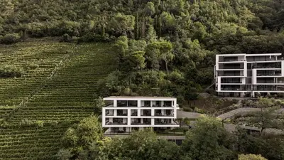 two white buildings on a hill with a vineyard at The Hills Merano in Merano