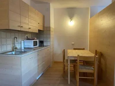 a large room with a bed and a kitchen at Casa Pisolo - presso Sussy Residence in Falcade