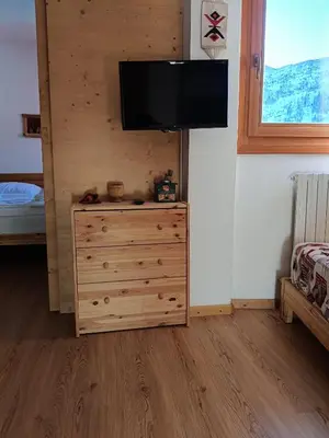 a bedroom with a bed and a television in it at Casa Pisolo - presso Sussy Residence in Falcade