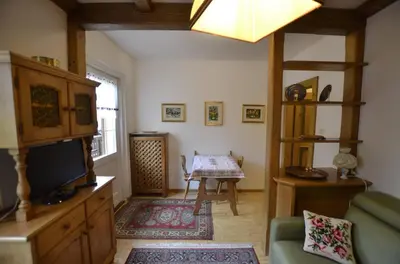 a living room with a couch and a tv and a table at One bedroom apartment on the promenade in Maion