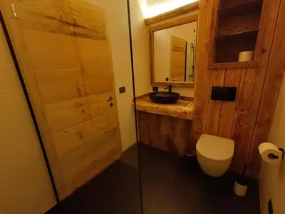 a bathroom with a toilet and a sink and a mirror at Brand new Duplex in the Dolomites - Picchio Rosso in Rocca Pietore