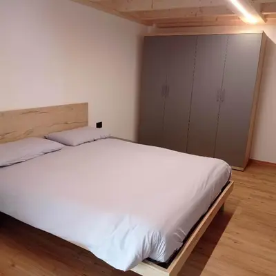 a bedroom with a large white bed and cabinets at Tabia' Cemin in Predazzo
