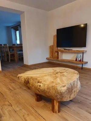 a wooden stump coffee table in a living room at LA POESIA DOLOMITI APARTMENTS in Rivamonte