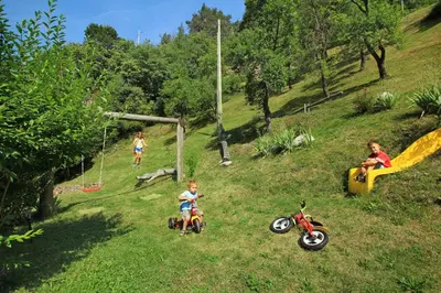 a group of children playing with toy motorcycles in the grass at Müllerhof in Kastelruth