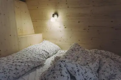 a bedroom with a bed with a wooden wall at International Camping Olympia in Cortina dʼAmpezzo