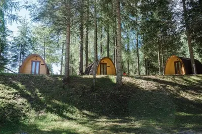 two tents in the middle of a forest with trees at International Camping Olympia in Cortina dʼAmpezzo