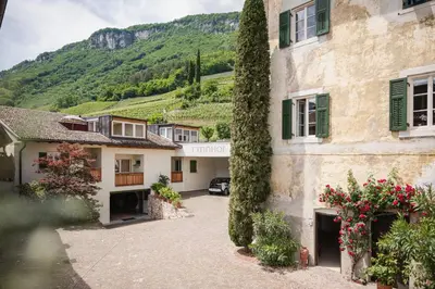 a view of a building with mountains in the background at Ansitz Rynnhof in Termeno