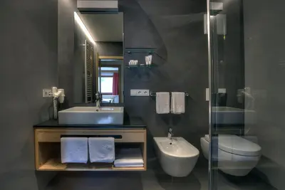 a bathroom with a sink and a toilet and a mirror at Posta Zirm Residence in Corvara in Badia