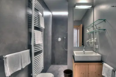 a bathroom with a sink and a toilet and a mirror at Posta Zirm Residence in Corvara in Badia