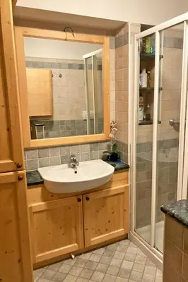 a bathroom with a sink and a shower at Chalet Erika: che vista! in San Martino di Castrozza