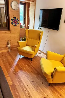 a living room with two yellow chairs and a tv at Chalet Erika: che vista! in San Martino di Castrozza