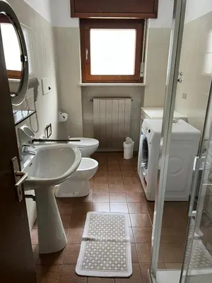 a bathroom with a sink and a toilet and a window at CASA PINUCCIA APPARTAMENTO EST in Predazzo