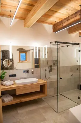 a bathroom with a glass shower and a sink at Steidacherhof in Longomoso